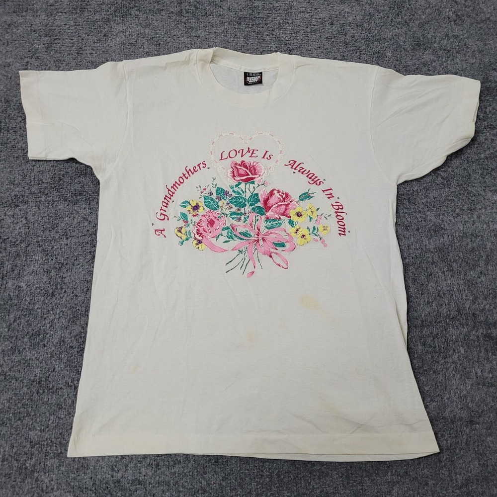 Screen Stars T-Shirt Womens Size L White Vintage Floral Graphic USA Made Stain